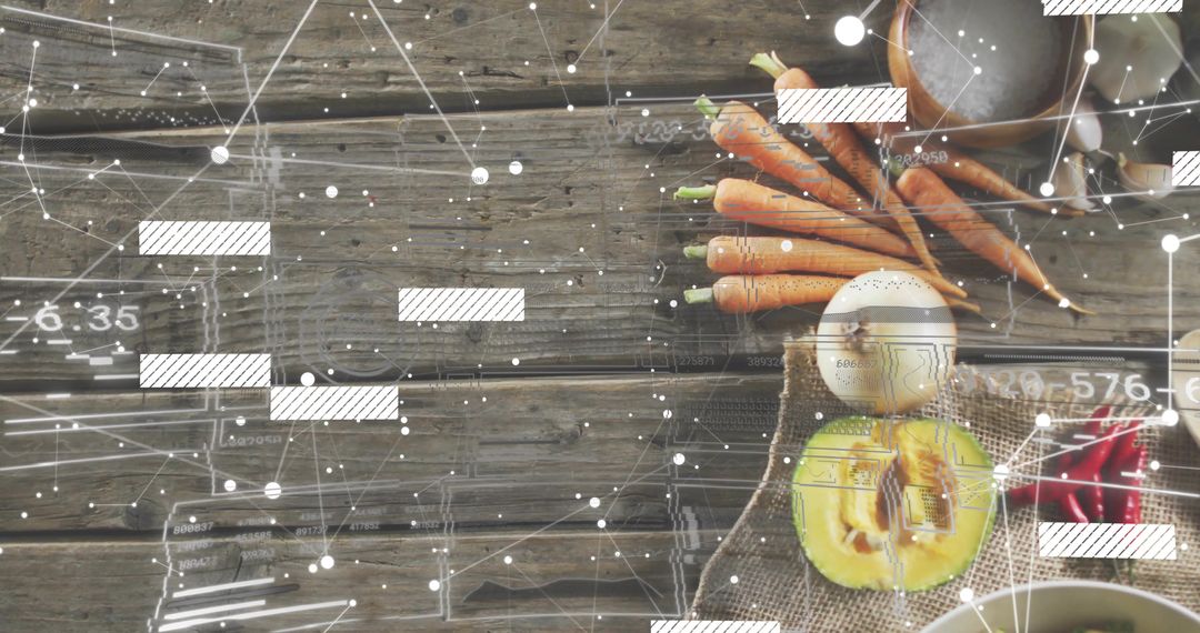 Displaying rustic flatlay with carrots, halved avocado, egg and burlap on weathered wood