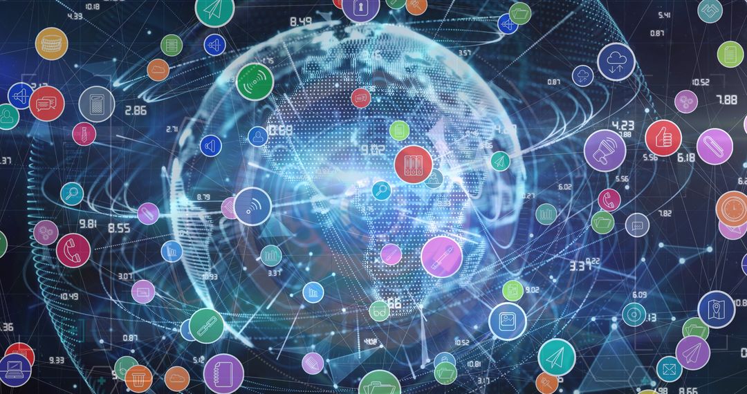 Futuristic Digital Icons Floating Above Glowing Global Network
