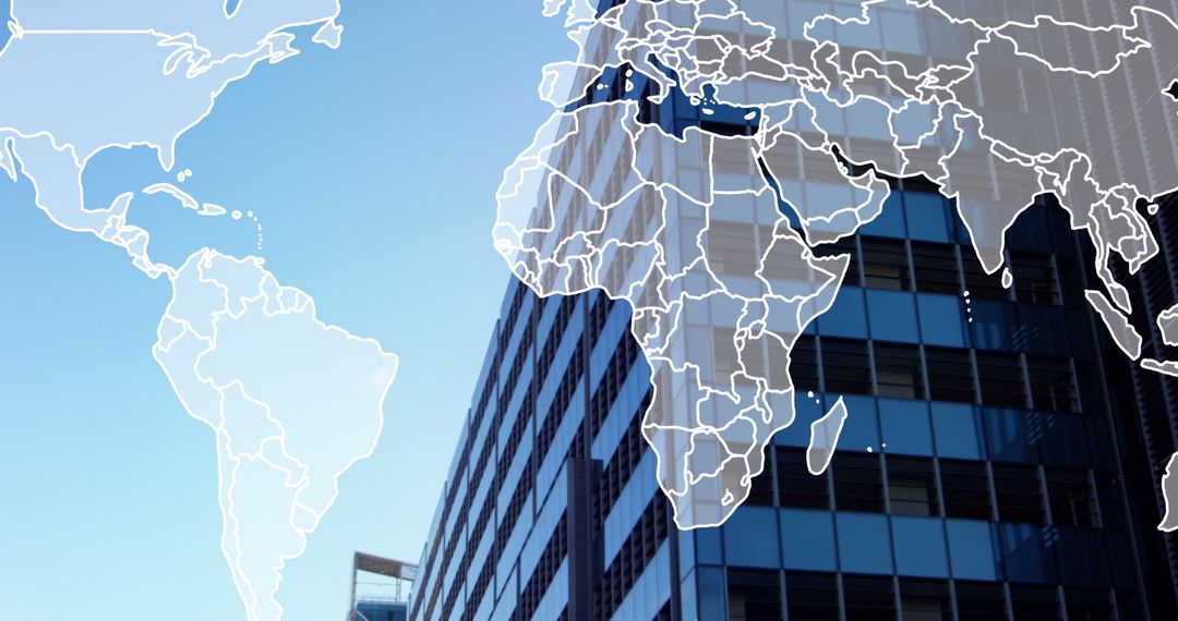 Global Business Concept with World Map Overlay on Cityscape