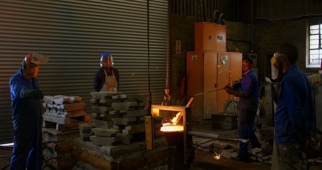 Industrial Workers Operating in Metal Foundry with Molten Metal and Equipment - Free Images, Stock Photos and Pictures on Pikwizard.com