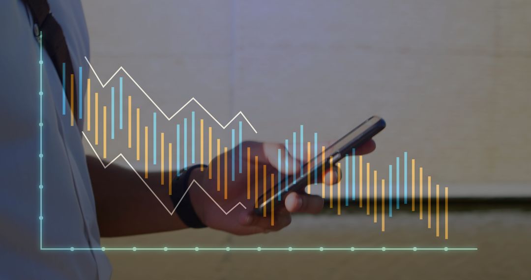 Businessman Analyzing Data on Smartphone with Graphs Overlay