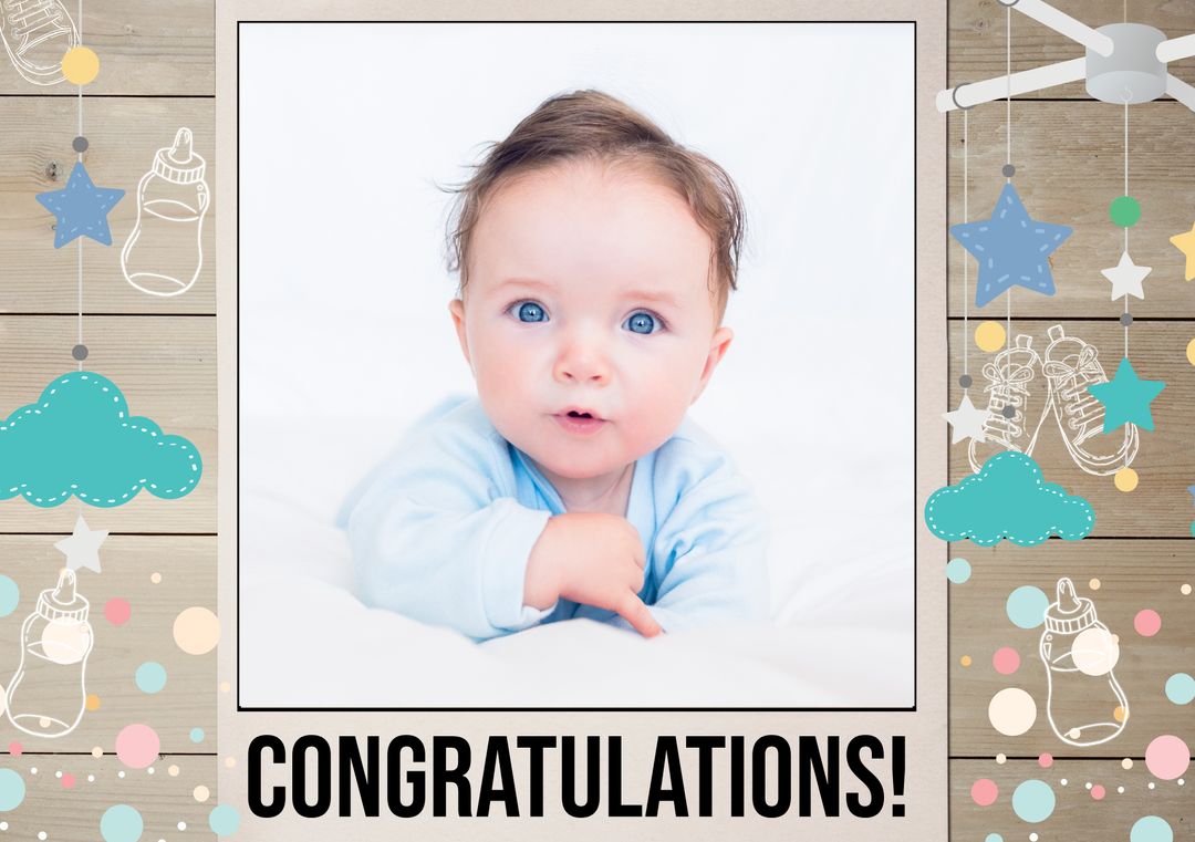 Cute Caucasian Baby Portrait Surrounded by Baby Items Virtual Card