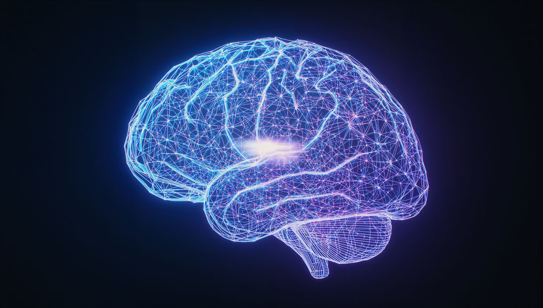 Neon Wireframe Brain with Pulsing Lights Exemplifying Connectivity