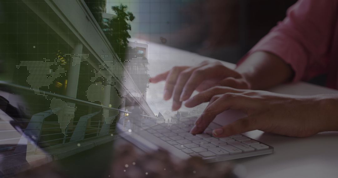 Businesswoman Using Computer over Data and Cityscape Trends