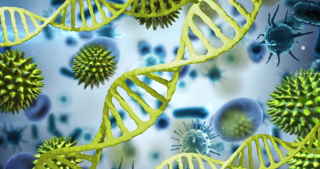 Digital Rendering of DNA Strands Over Virus Cells Depicting Biotechnology Theme