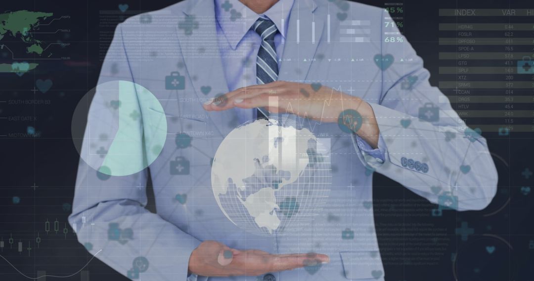 Businessman Strategically Holding Digital Globe with Global Analytics