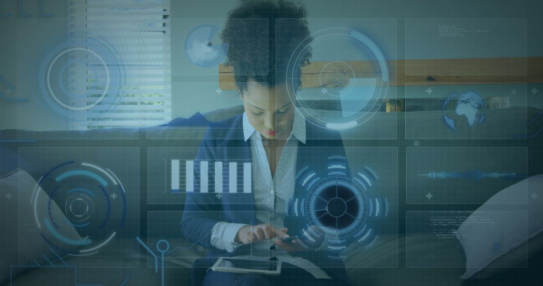 Businesswoman Engaging with High-Tech Digital Interface