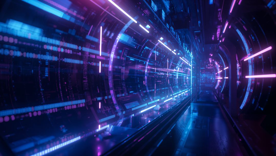 Futuristic Neon-Lit Cyber Tunnel with Digital Code