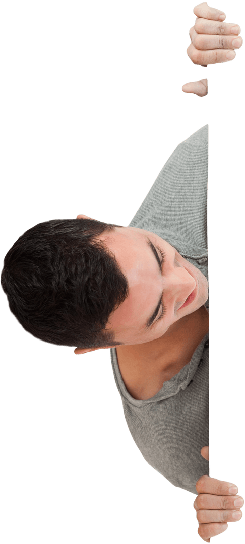 Smiling Man Holding Blank Transparent Board on White Background