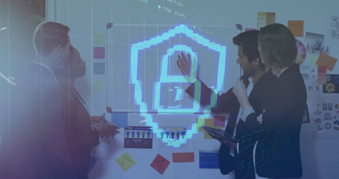 Diverse Coworkers Discuss Strategy with Digital Lock and Shield Overlay