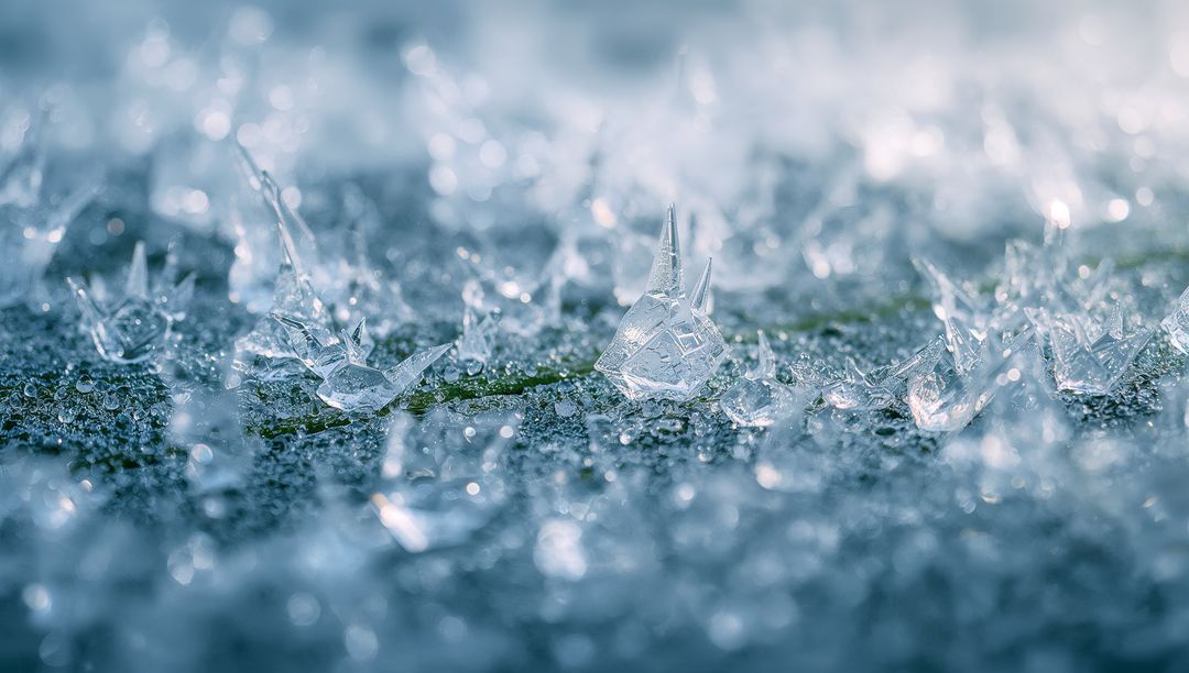 Macro frost crystals rising from moss with sparkling droplets and blue bokeh texture