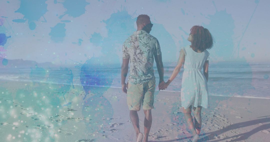 Couple Strolling on Sandy Beach with Pastel Overlay