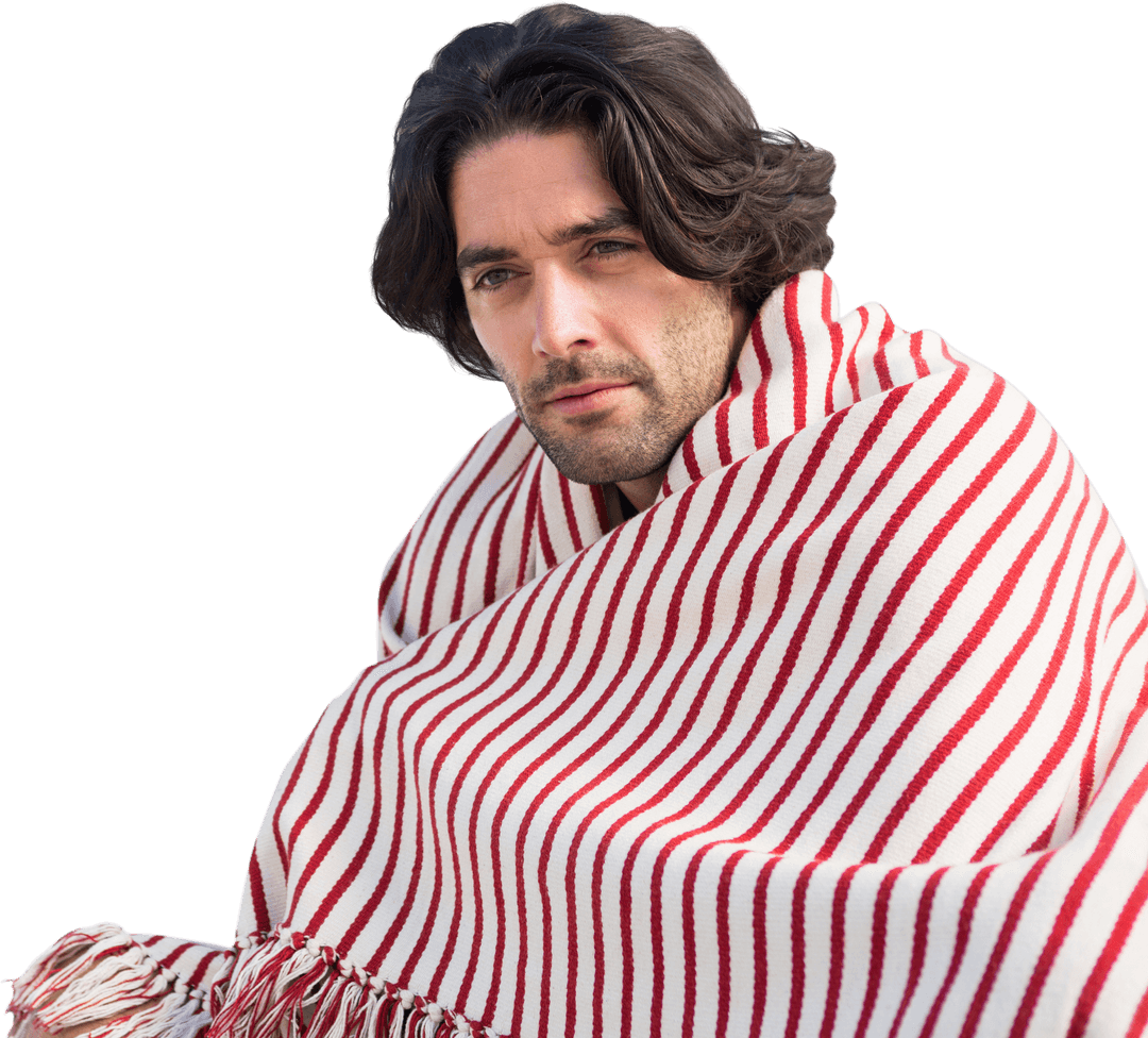 Caucasian Man Holding Blanket Striped Design with Transparent Background