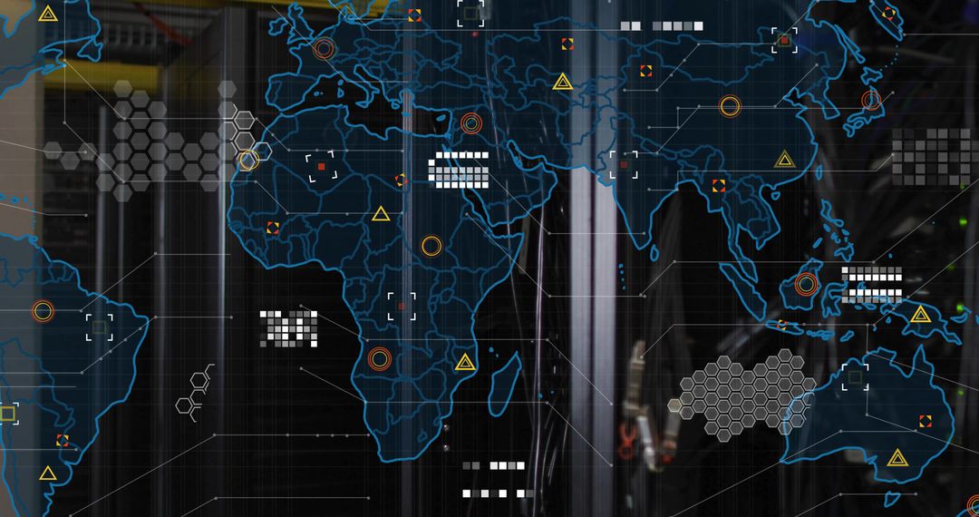 Futuristic World Map Overlay on Data Center Infrastructure