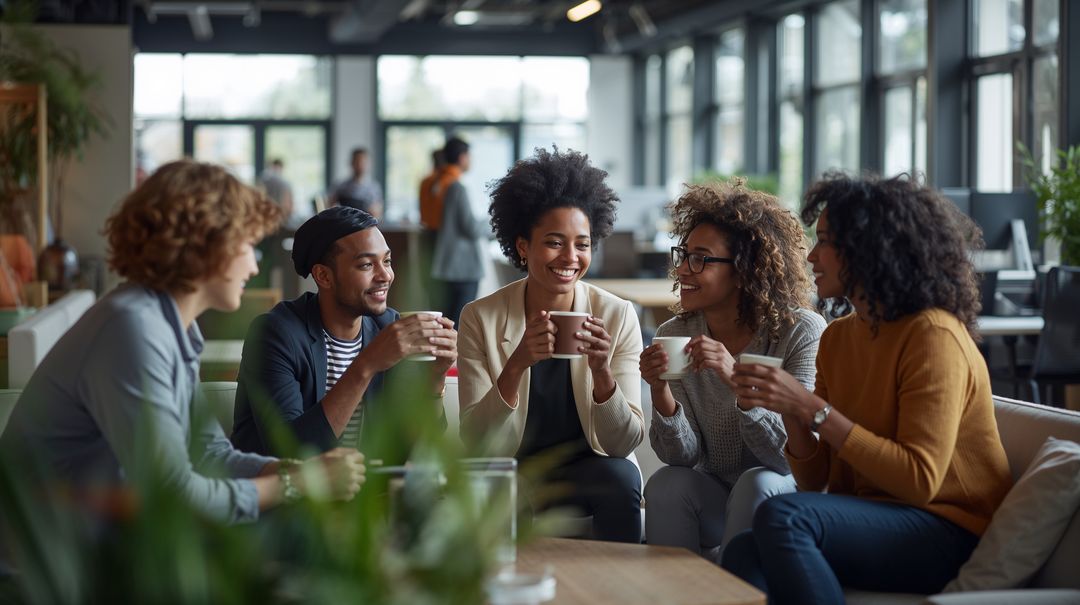 Diverse coworkers sharing coffee and laughing in modern open-plan office lounge