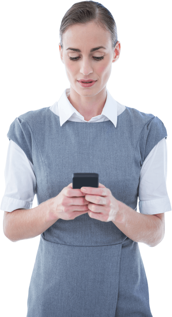 Businesswoman in Formal Outfit Using Transparent Smartphone