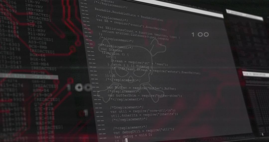 Vertical monitor showing source code with skull overlay and red PCB circuitry