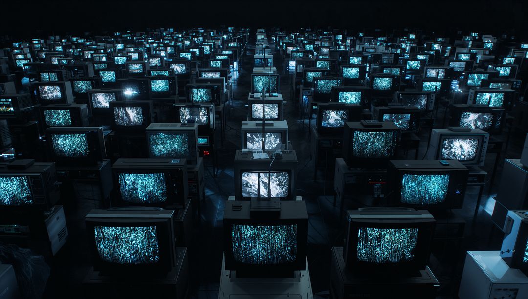 Glowing CRT Monitors Displaying Blue Static in Dark Warehouse