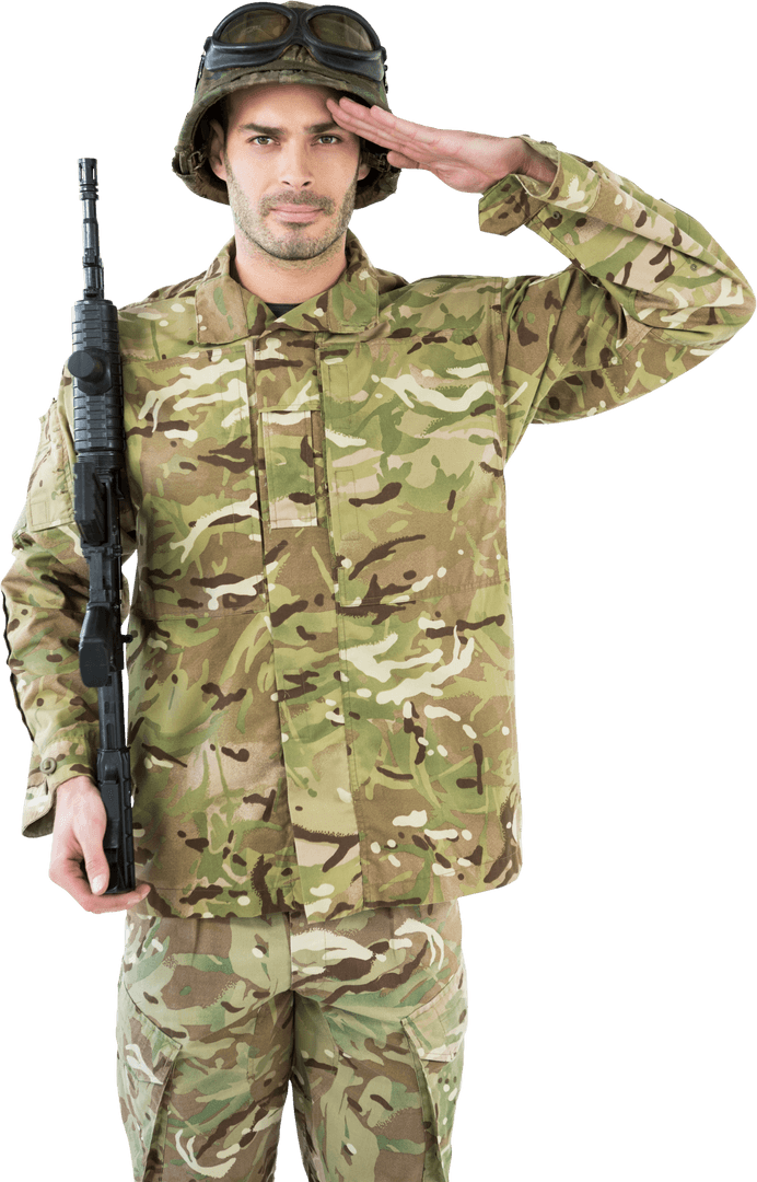 Transparent Army Soldier Saluting with Rifle in Camouflage Uniform