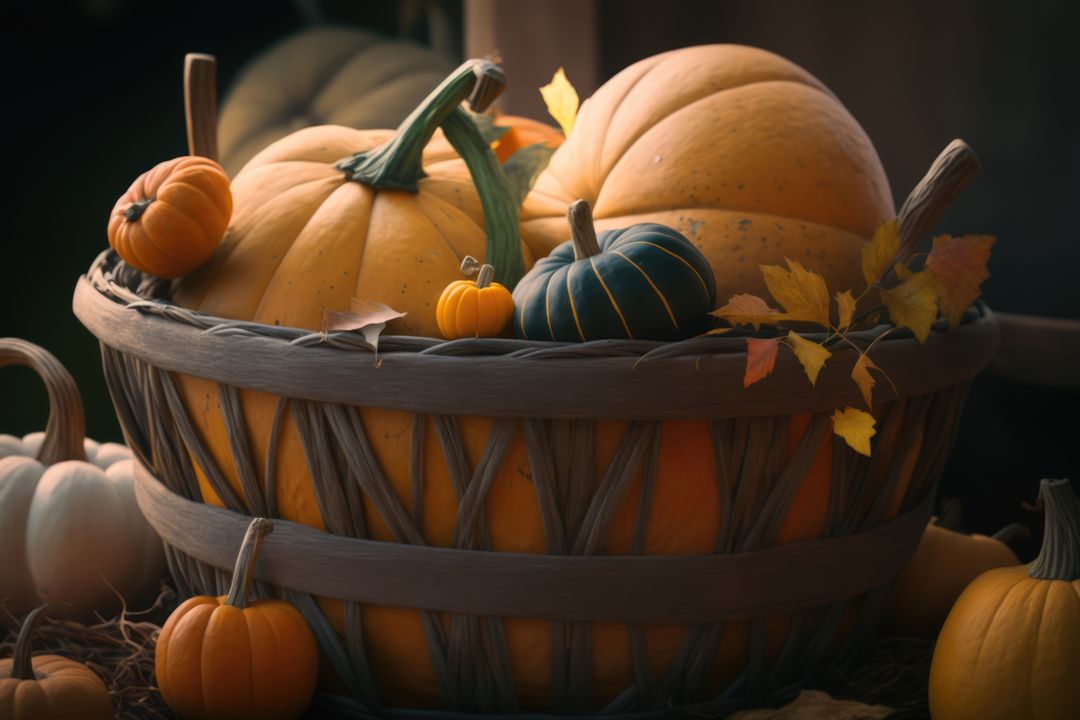 Wooden basket with colorful pumpkins and autumn leaves created using generative ai technology - Free Images, Stock Photos and Pictures on Pikwizard.com