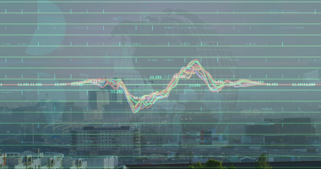 Financial Data Projection Over Cityscape in Digital Interface