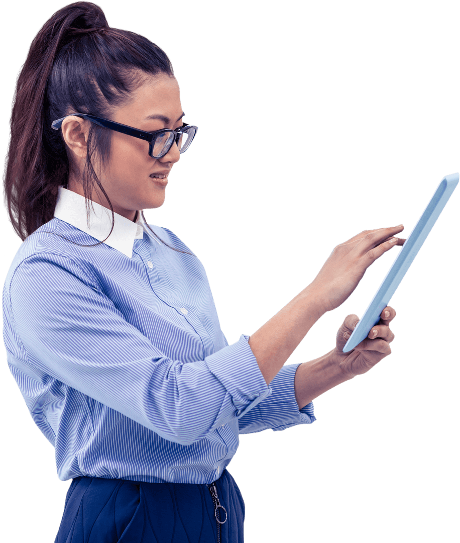 Transparent Businesswoman Using Tablet Focused Isolated on White