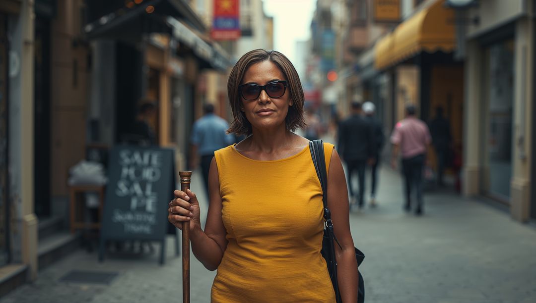 Stylish woman in sunglasses walking down urban street with cane