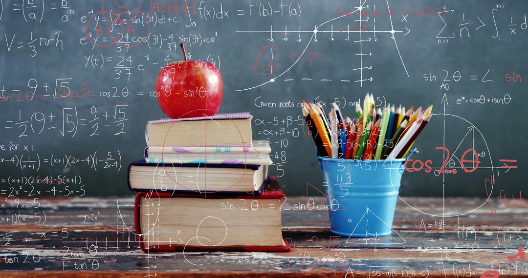 Mathematical Equations Over Textbooks with Apple and Pencils