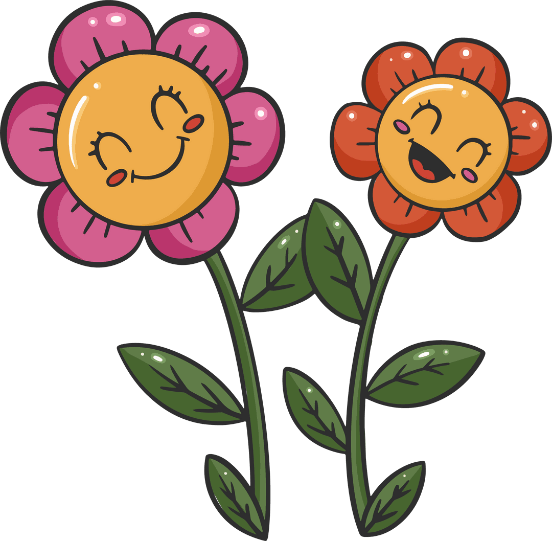 Whimsical Happy Cartoon Flowers with Smiling Faces Transparent