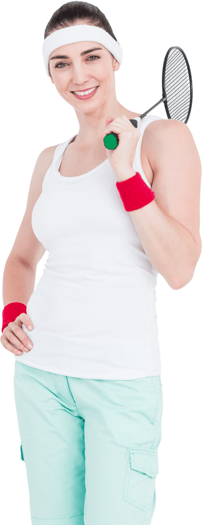 Smiling Female Athlete in Athletic Gear with Badminton Racket Against Transparent Background