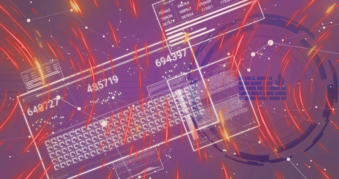 Displaying holographic keyboard with floating data HUD, neon circuitry, numeric readouts