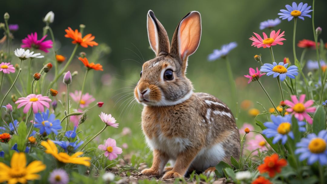 Wild cottontail rabbit among blooming spring daisies in a sunny meadow