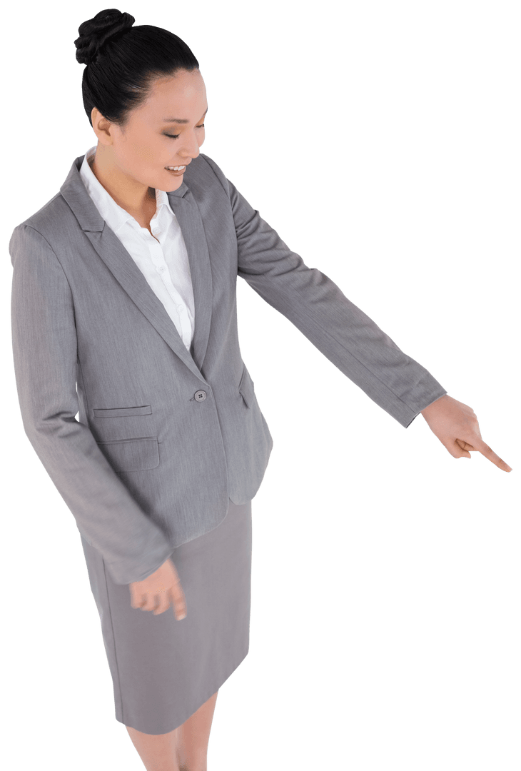 Transparent Businesswoman Smiling and Pointing in Gray Suit