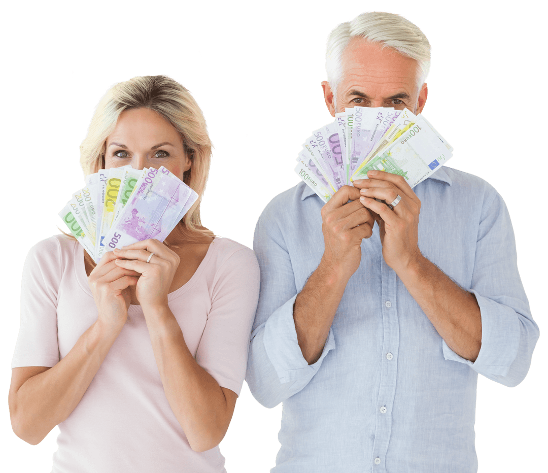 Happy Couple Hiding Faces Behind Euro Banknotes Isolated Transparent Background - Download Free Stock Images Pikwizard.com