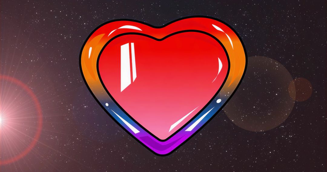 Glowing glossy heart floating in cosmic starfield with rainbow edge and pink lens flare