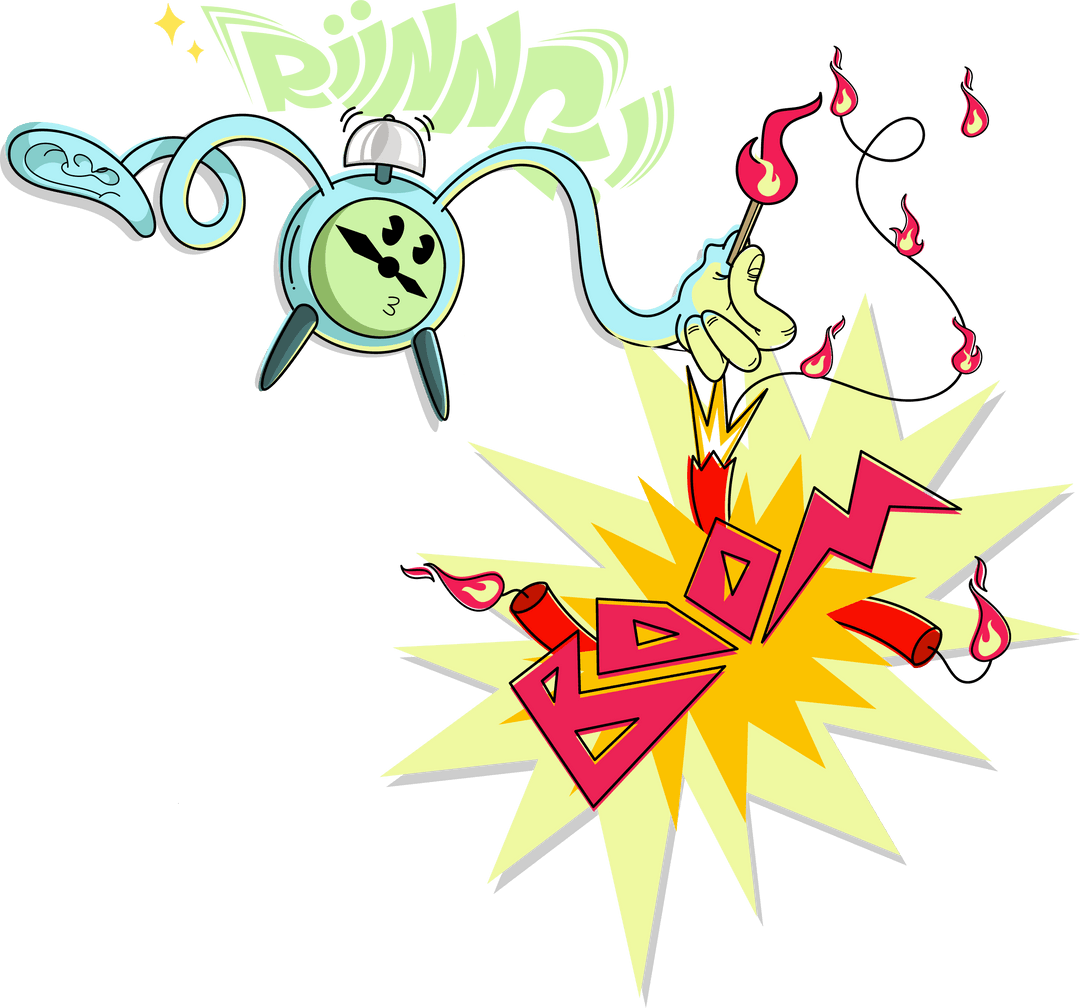 Cartoon Alarm Clock with Lit Fuse Over Transparent Background