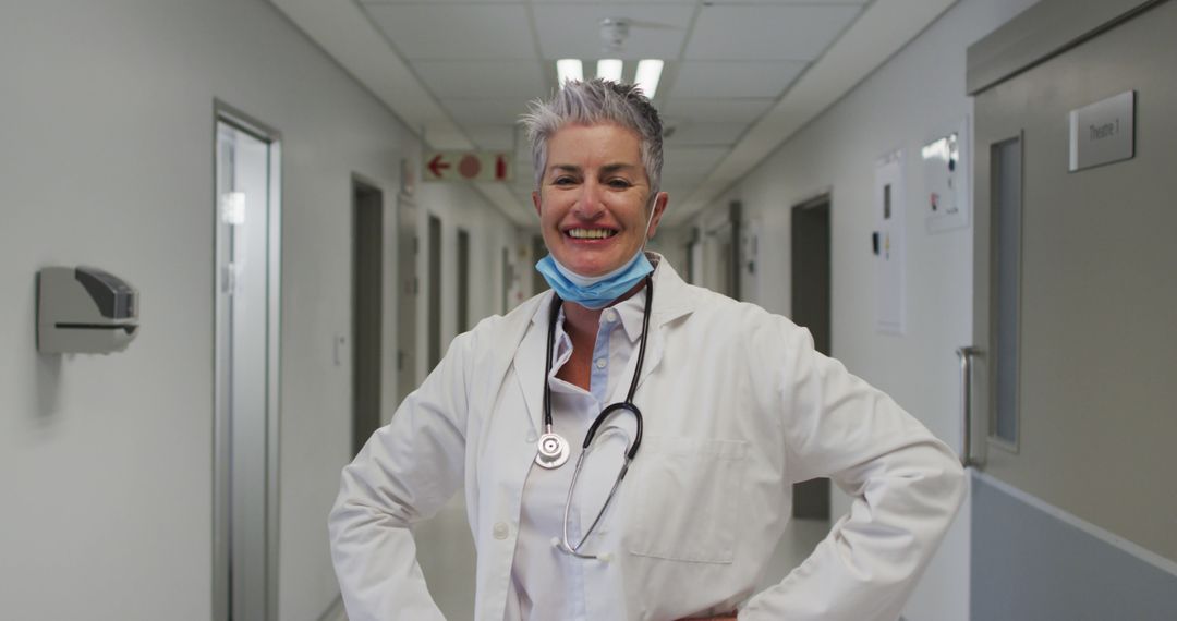 Confident Female Doctor Smiling in Hospital Hallway - Free Images, Stock Photos and Pictures on Pikwizard.com