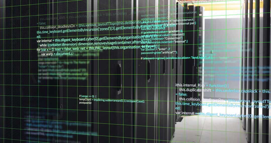 Data Center with Digital Coding Overlay Reflecting High-Tech Innovation