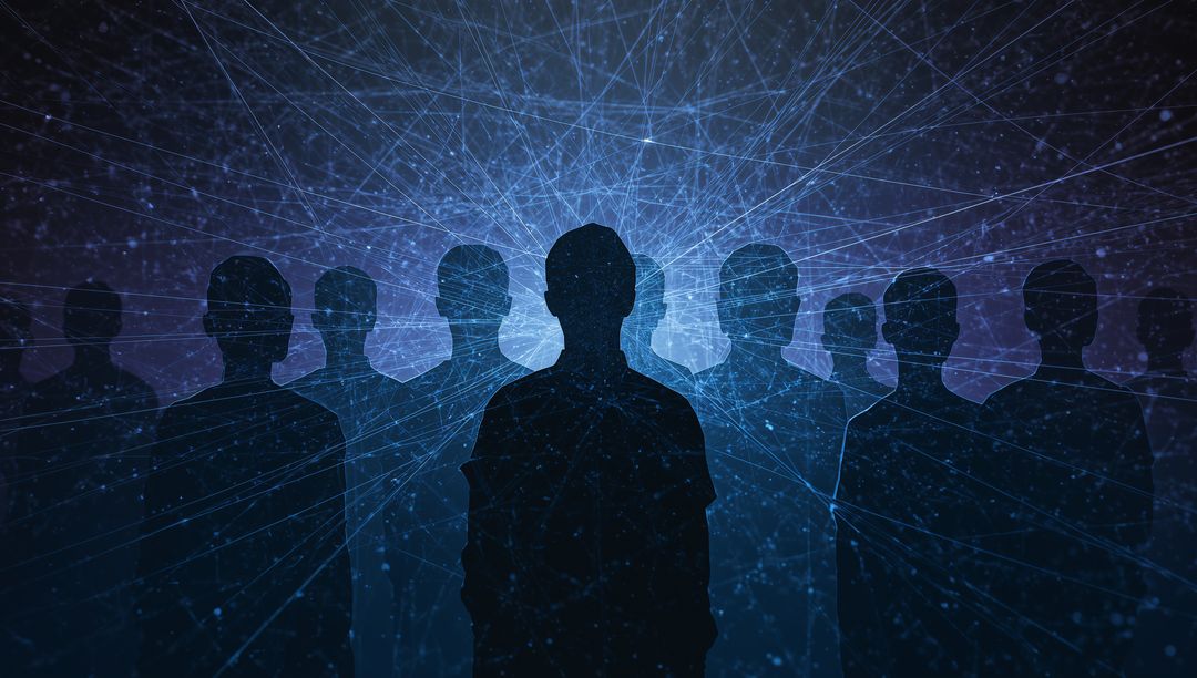 Silhouettes connecting through digital network with central figure glowing and data mesh, abstract f