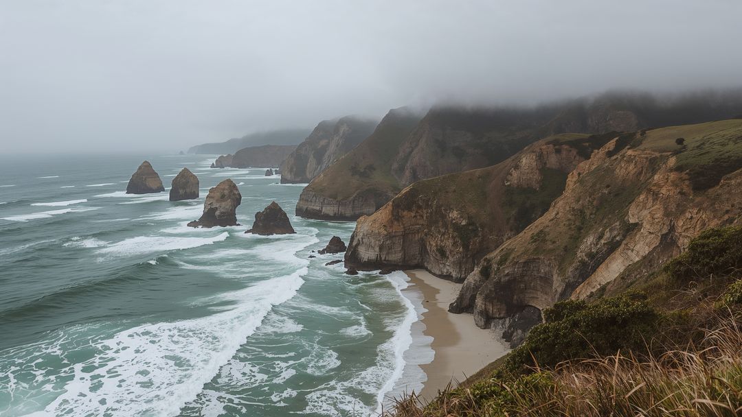 Rugged Coastal Cliffs with Foggy Seascape