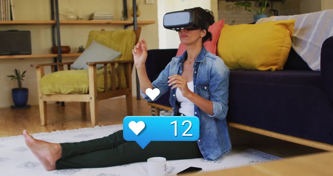 Woman Engaging Virtual Reality Experience at Home with Mobile Phone