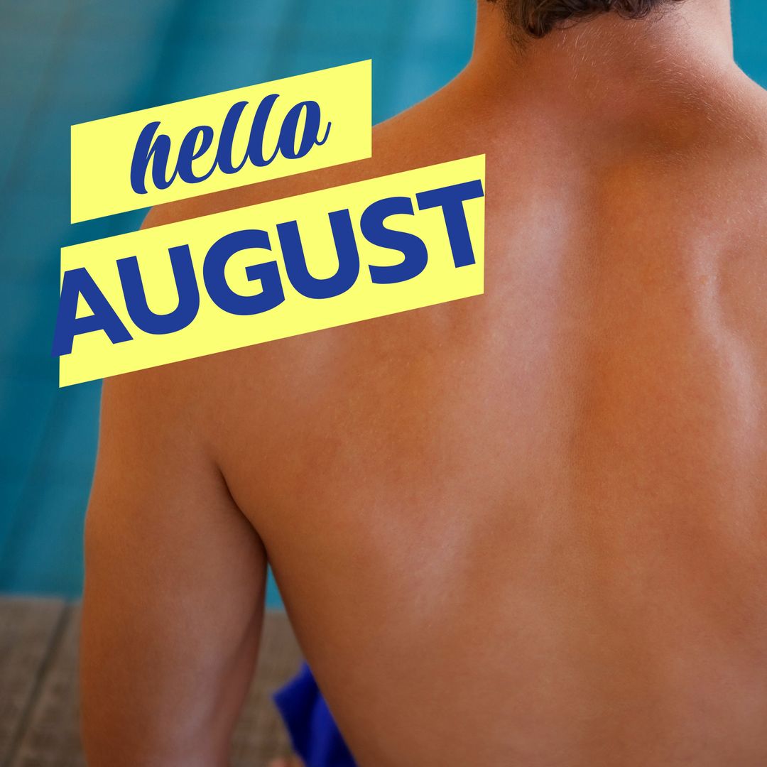 Hello August Banner with Man by Swimming Pool