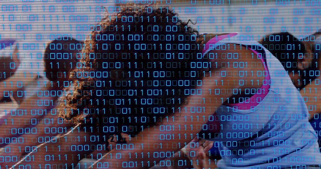 Leaning woman stretching in yoga class with binary code overlay and backlit silhouette