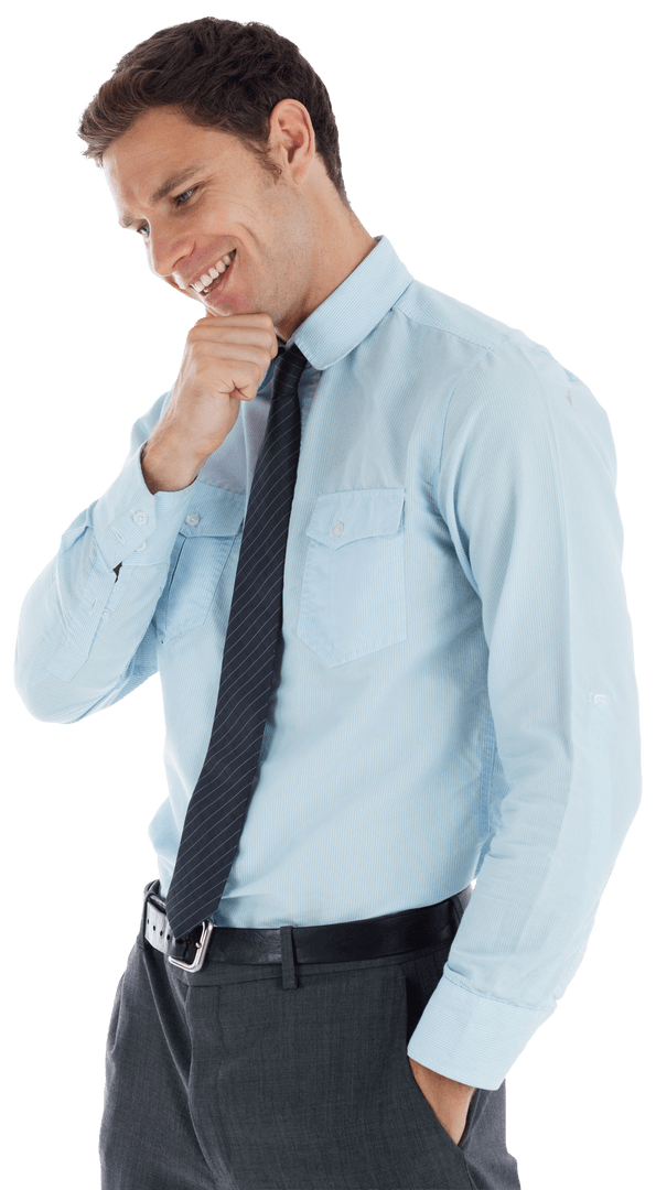 Transparent Smiling Businessman Thinking with Hand on Chin