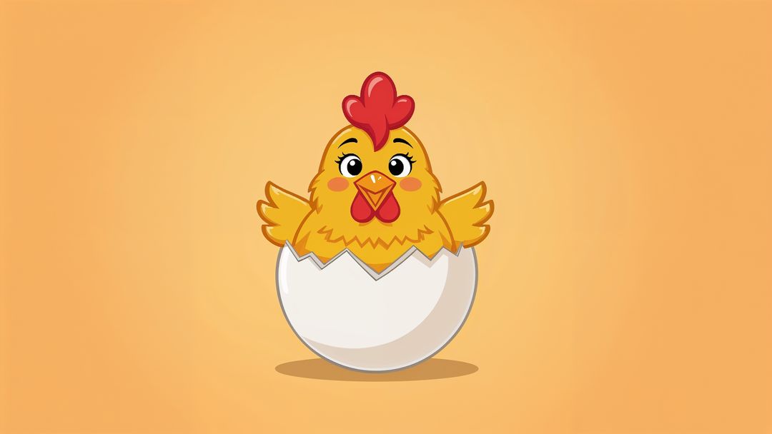 Vibrant cartoon cartoon chicken hatching from eggshell with cheerful expression
