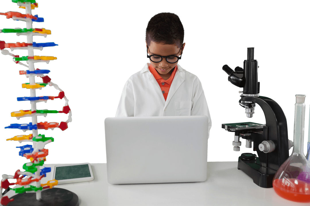 Transparent Science Lab Laptop Activity with Enthusiastic Young Student