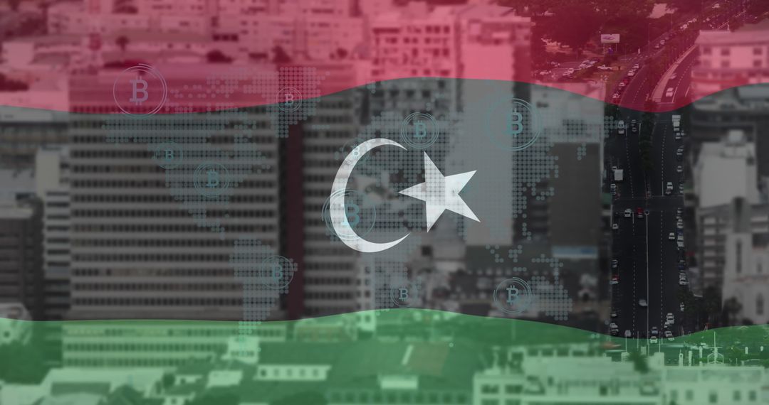 Cryptocurrency Blockchain Overlaying Libyan Flag and Cityscape