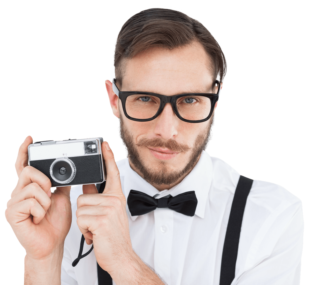 Transparent Background Hipster Holding Vintage Camera Portrait
