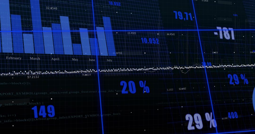 Neon Blue Financial HUD Dashboard Displaying Bar Chart, Trend Line and Percentage Metrics