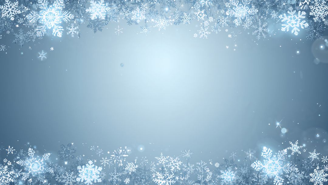 Frosty blue holiday border featuring sparkling snowflakes, bokeh and empty center